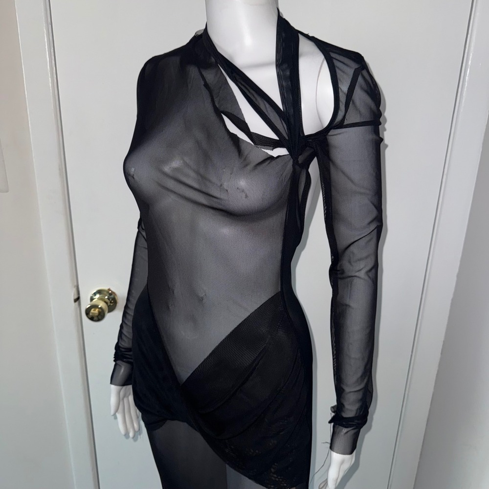 Micas Black Sheer Mesh Cutout Asymmetrical‎ Maxi Dress Avant Garde Edgy M - Picture 8 of 11